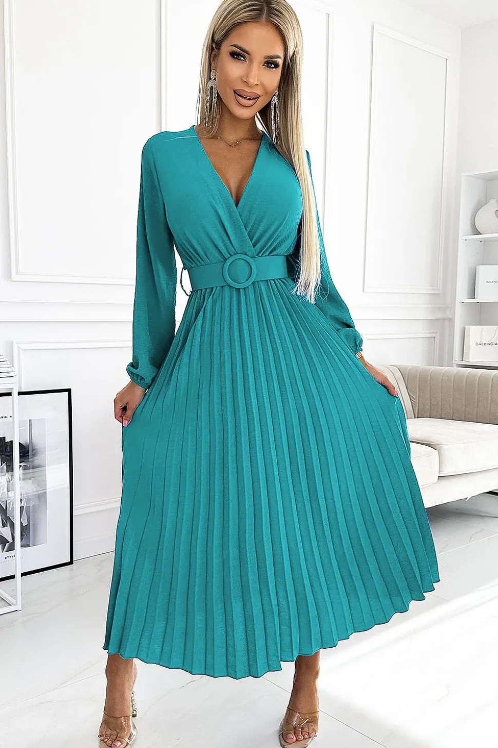 Robe plissée midi turquoise à manches longues