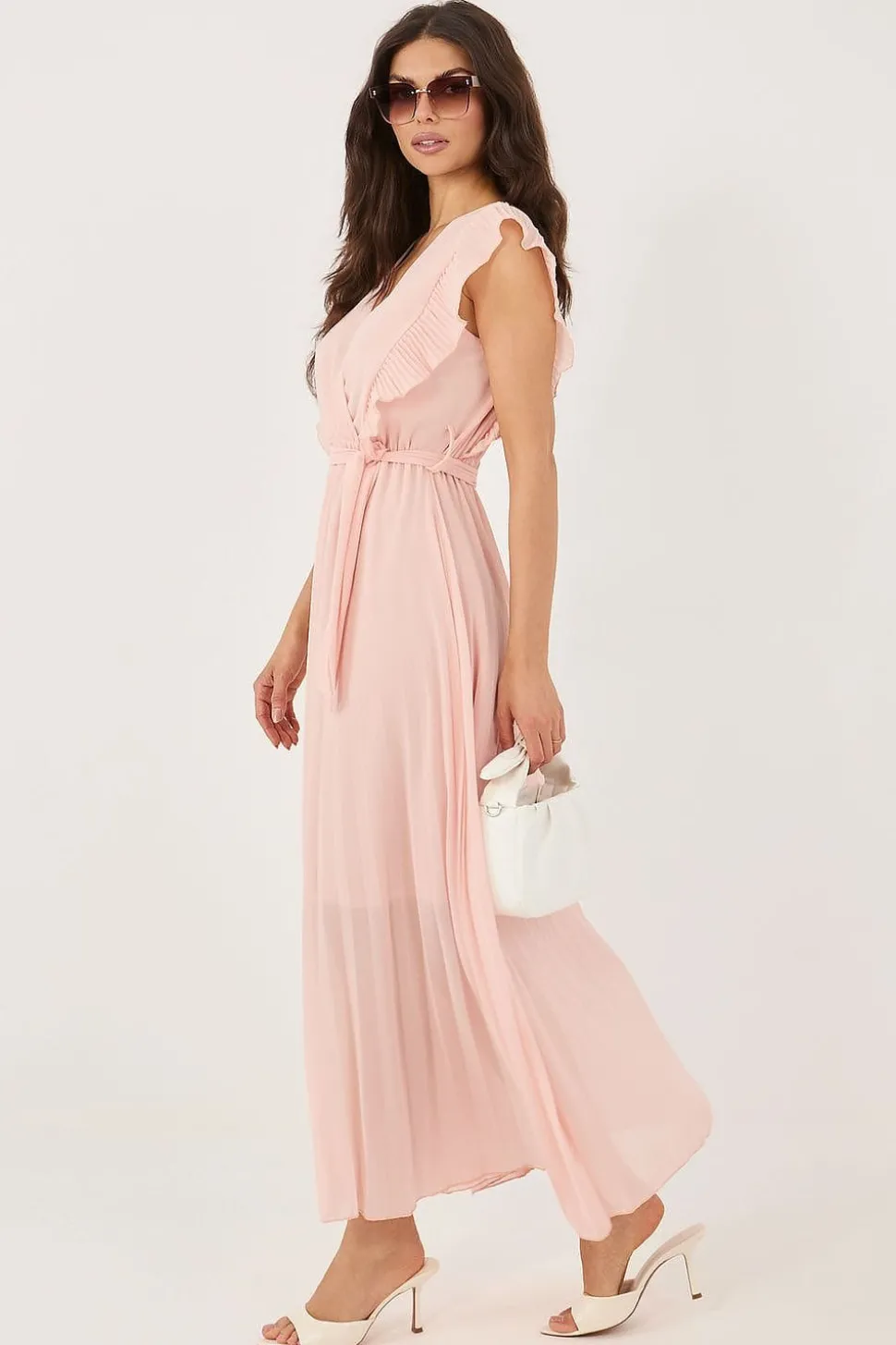 Robe plissée rose manches volants