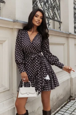 Robe portefeuille courte à pois manches longues