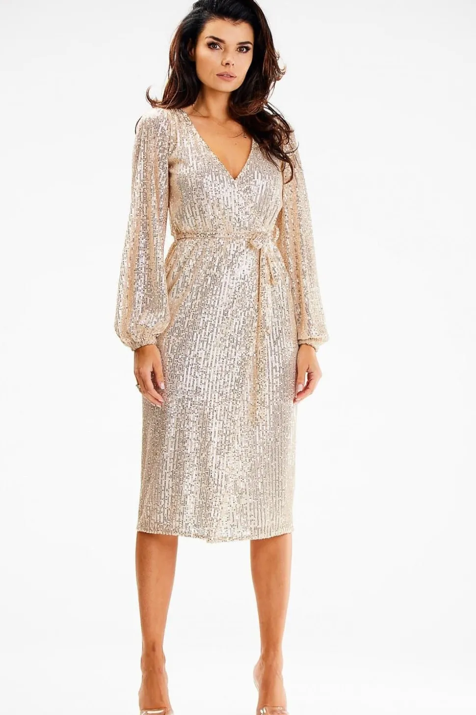 Robe portefeuille à paillettes manche longue