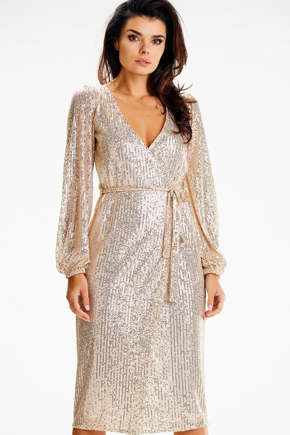 Robe portefeuille à paillettes manche longue