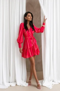 Robe portefeuille rouge courte à volants