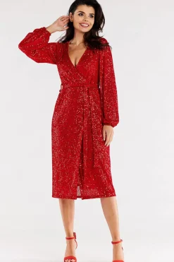 Robe portefeuille rouge à paillettes manches longues