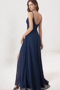 Robe pour invitée au mariage bleue marine longue à bretelles