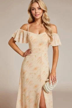 Robe pour invitée au mariage longue fendue motif fleuri