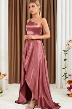 Robe pour invitée au mariage rose satinée asymétrique