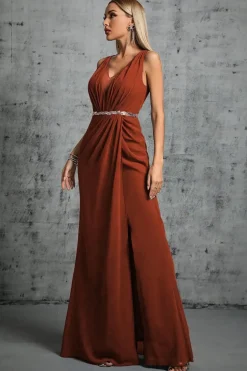 Robe pour soirée de mariage longue terracotta avec ceinture à paillettes