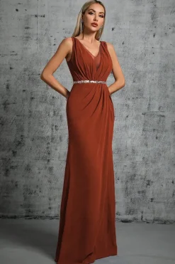Robe pour soirée de mariage longue terracotta avec ceinture à paillettes