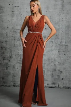 Robe pour soirée de mariage longue terracotta avec ceinture à paillettes