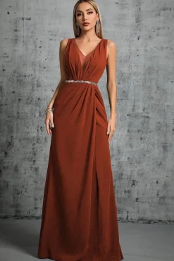 Robe pour soirée de mariage longue terracotta avec ceinture à paillettes