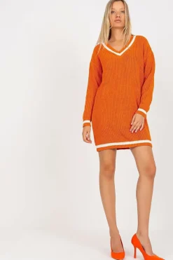 Robe pull orange courte manches longues