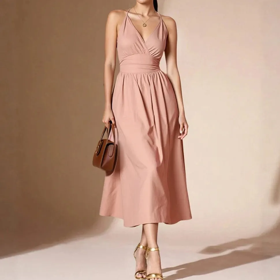 Robe rose poudrée midi évasée à bretelles