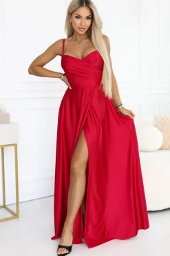 Robe rouge longue fendue bretelles