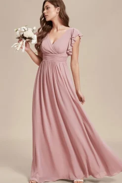 Robes demoiselle d'honneur rose poudré avec ceinture et volants