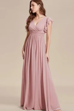 Robes demoiselle d'honneur rose poudré avec ceinture et volants