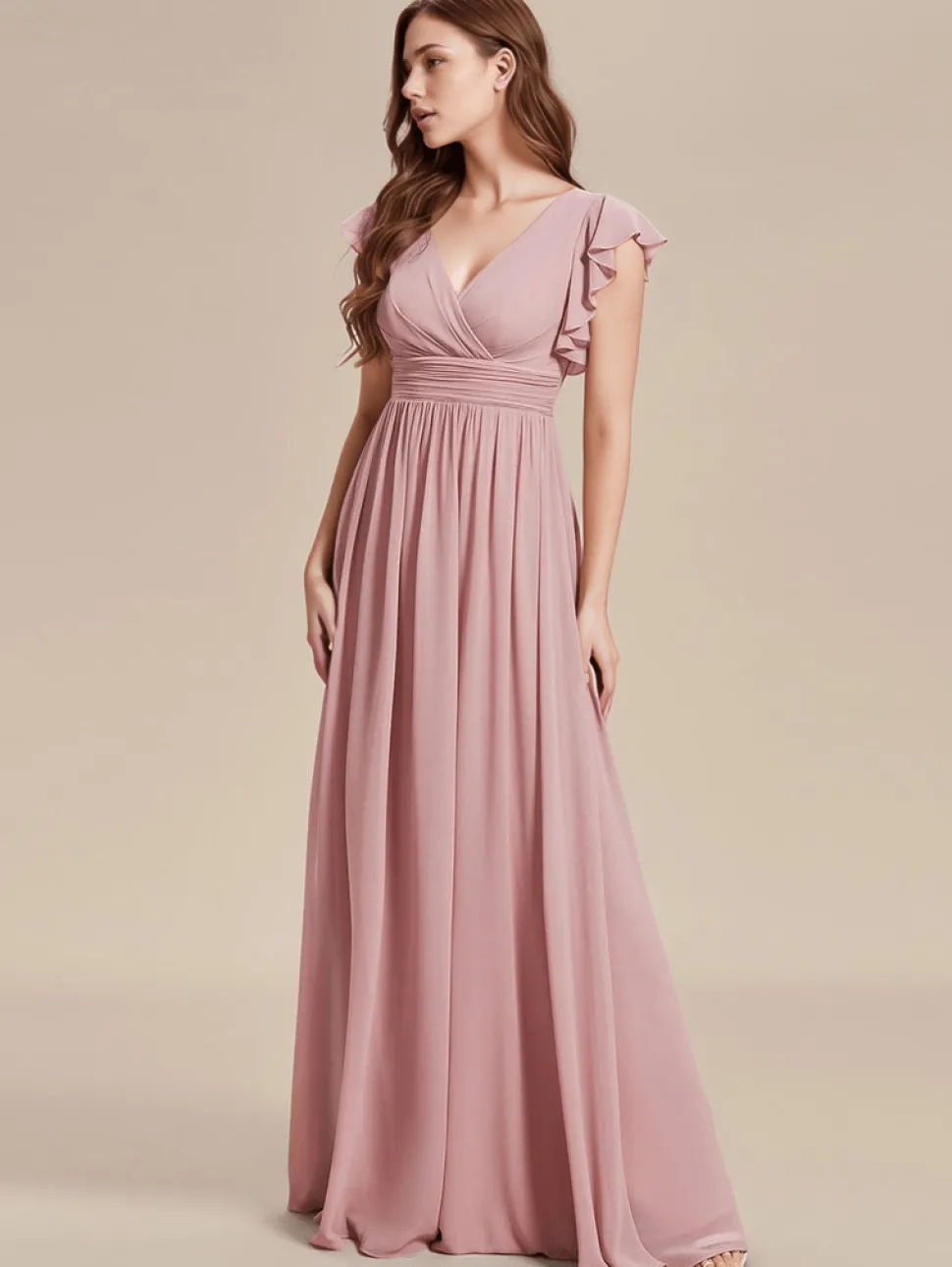 Robes demoiselle d'honneur rose poudré avec ceinture et volants