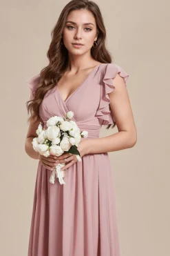 Robes demoiselle d'honneur rose poudré avec ceinture et volants