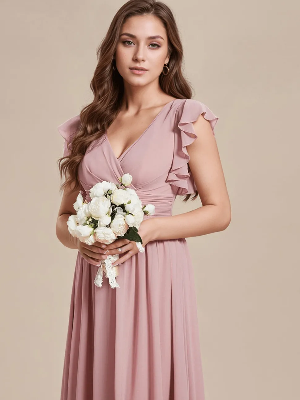 Robes demoiselle d'honneur rose poudré avec ceinture et volants