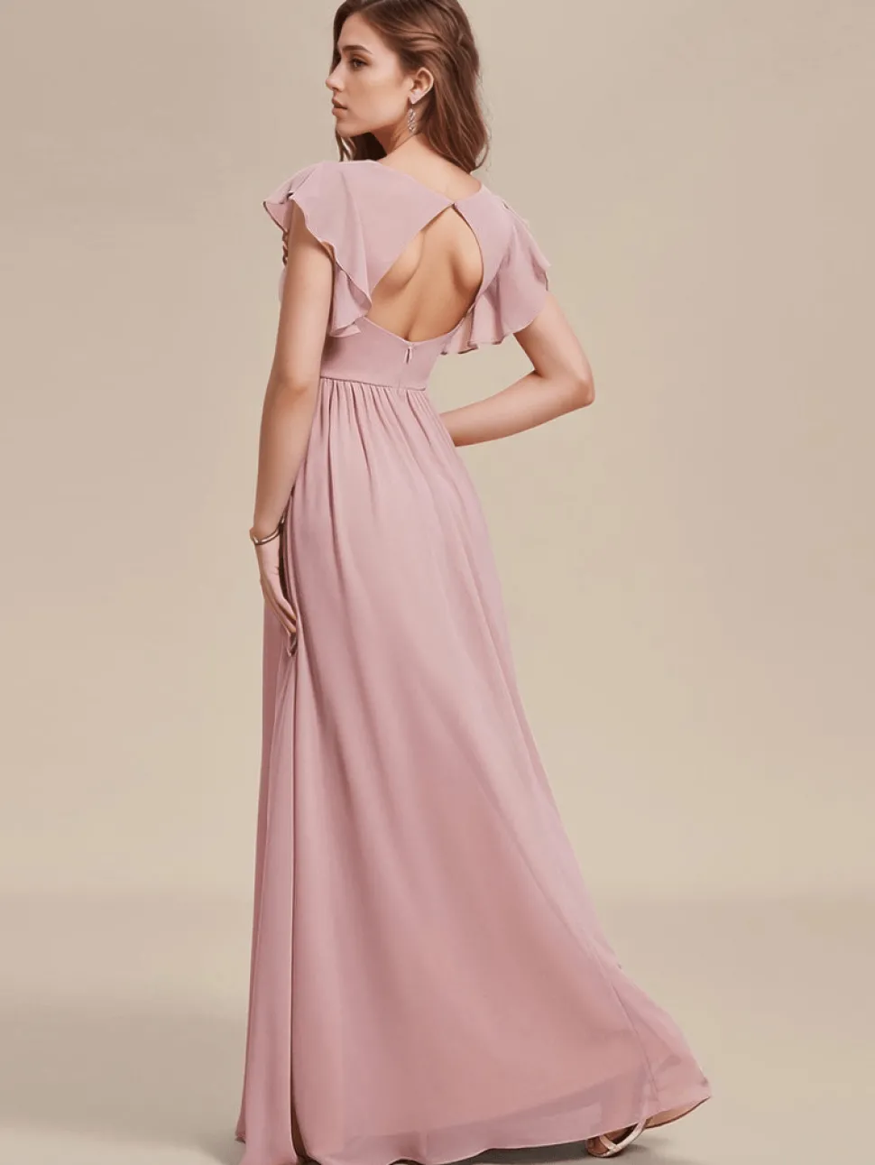 Robes demoiselle d'honneur rose poudré avec ceinture et volants