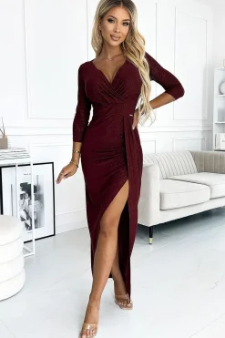 Robe sequin bordeaux fendue manche longue