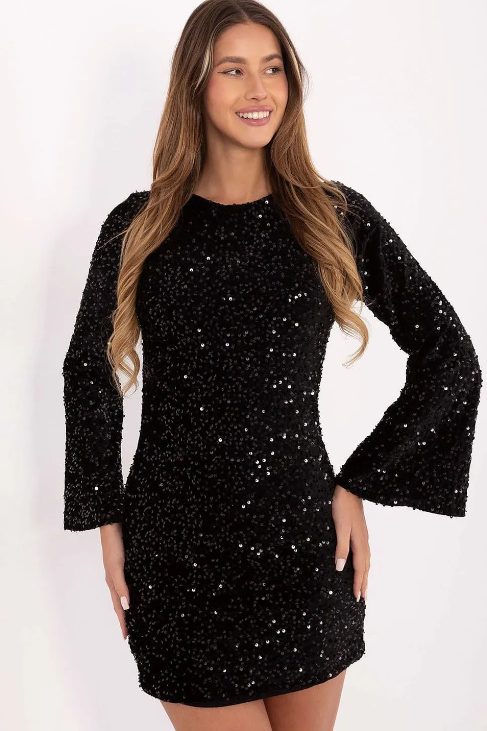 Robe sequin courte noire manches longues