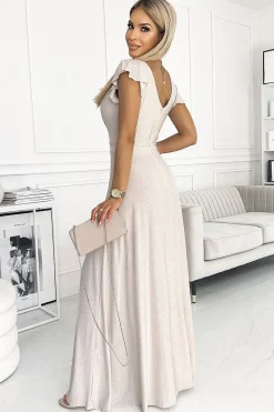 Robe sequin longue fendue manches courtes