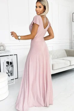 Robe sequin longue fendue manches courtes