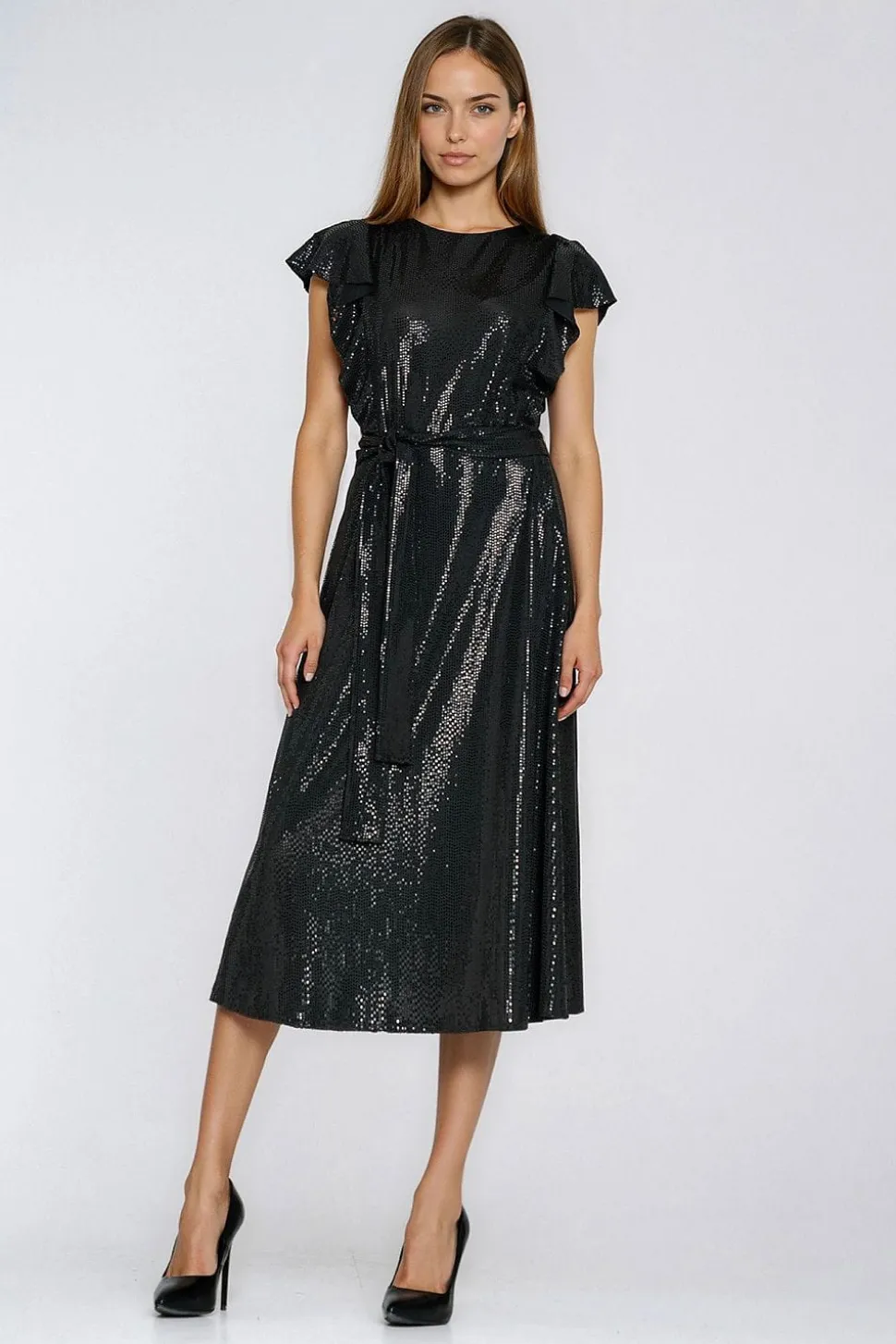 Robe sequin noire midi manches courtes