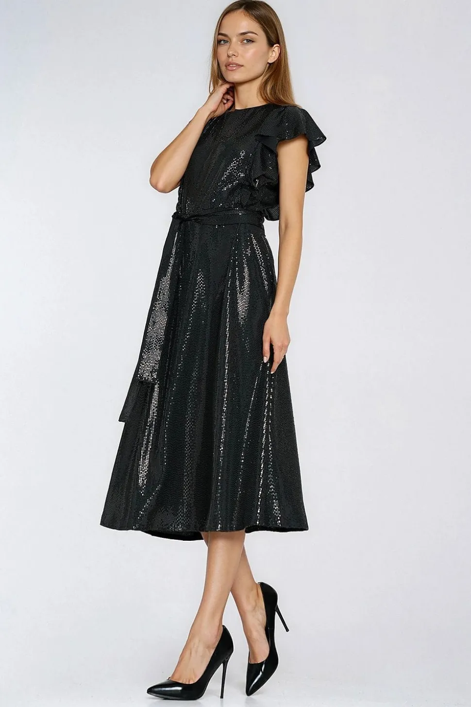 Robe sequin noire midi manches courtes