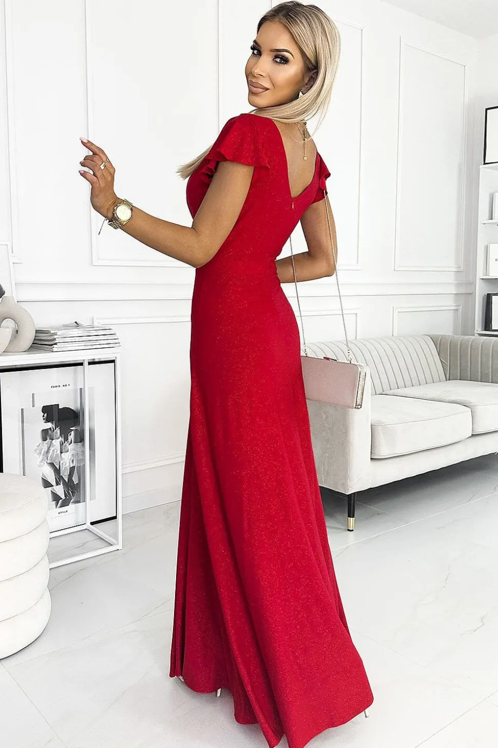 Robe sequin rouge longue fendue manches courtes
