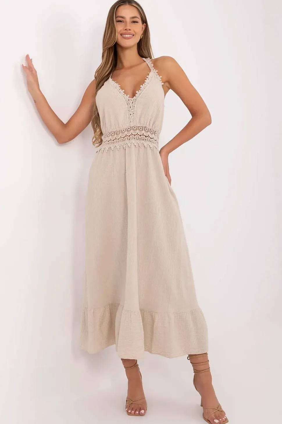 Robe été beige midi en gaze de coton dos nu
