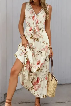 Robe été bohème imprimé floral sans manches