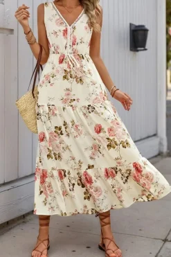 Robe été bohème imprimé floral sans manches