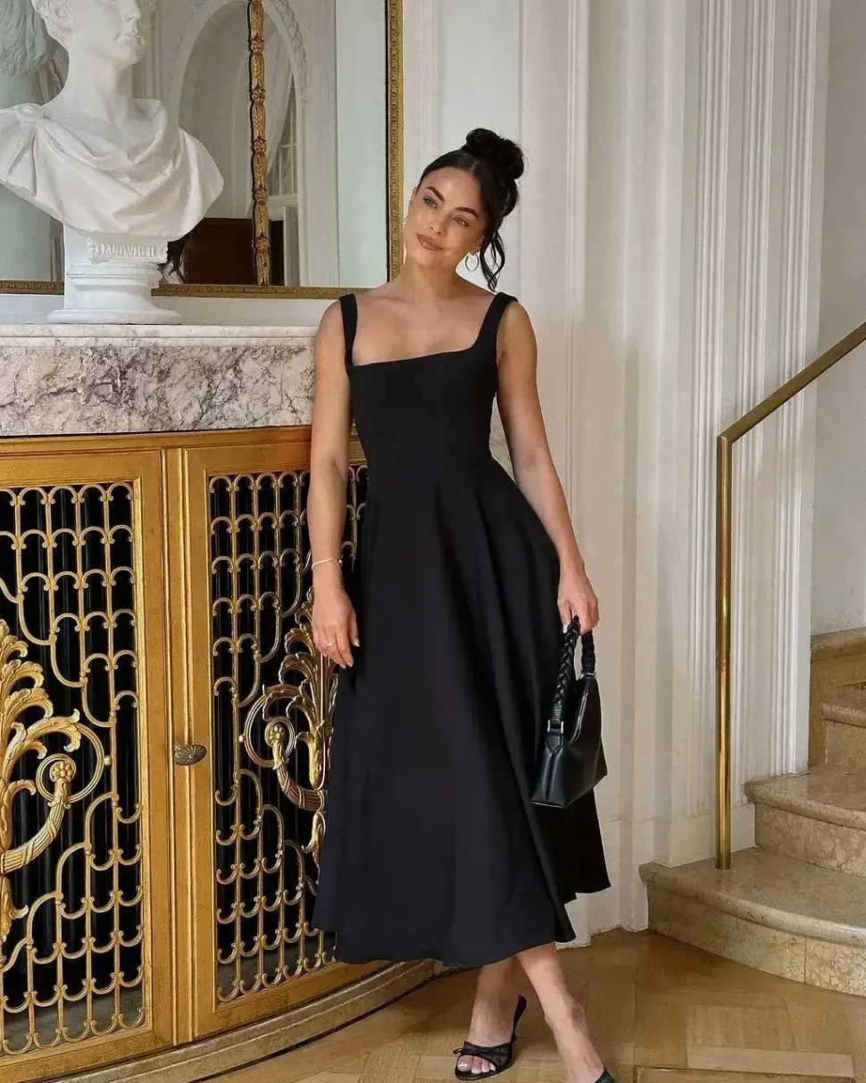 Robe été chic col carré sans manches trapèze