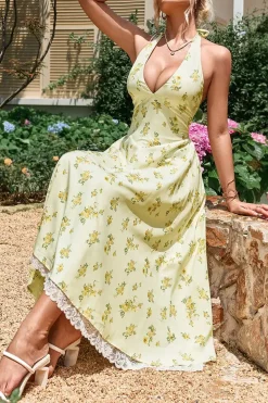 Robe été fleurie midi fluide décolleté profond