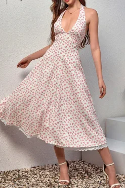 Robe été fleurie midi fluide décolleté profond