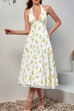 Robe été fleurie midi fluide décolleté profond