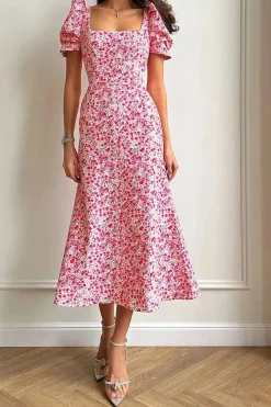 Robe été fleurie midi manches bouffantes