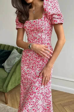 Robe été fleurie midi manches bouffantes