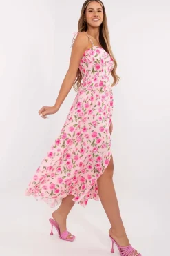 Robe été fleurie rose midi boutonnée