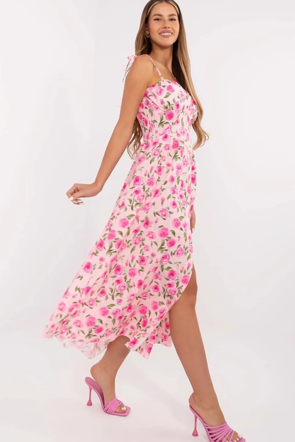 Robe été fleurie rose midi boutonnée
