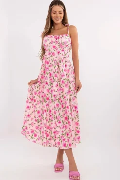 Robe été fleurie rose midi boutonnée