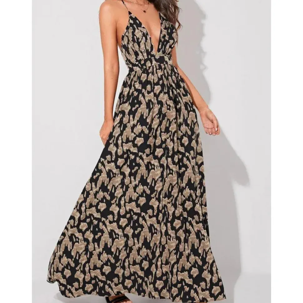 Robe été fluide longue à bretelles fines et décolleté profond
