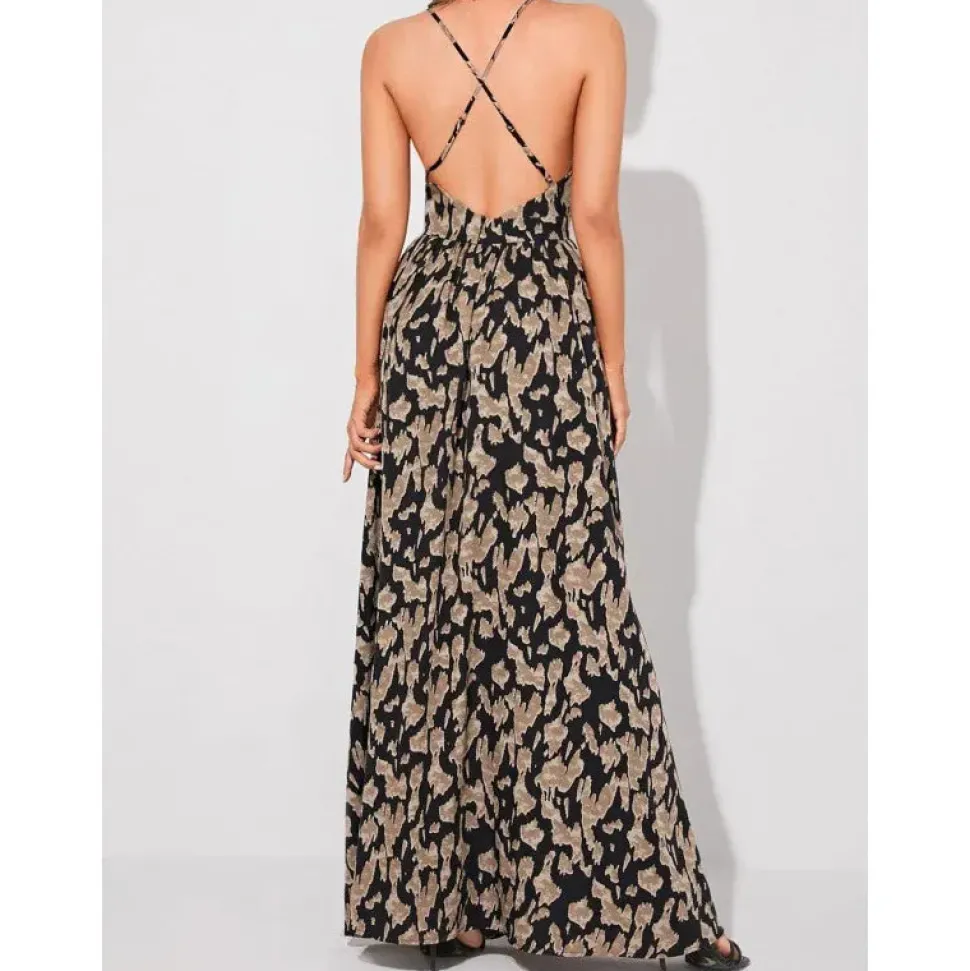 Robe été fluide longue à bretelles fines et décolleté profond