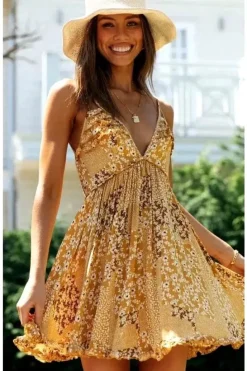 Robe été jaune courte dos nu