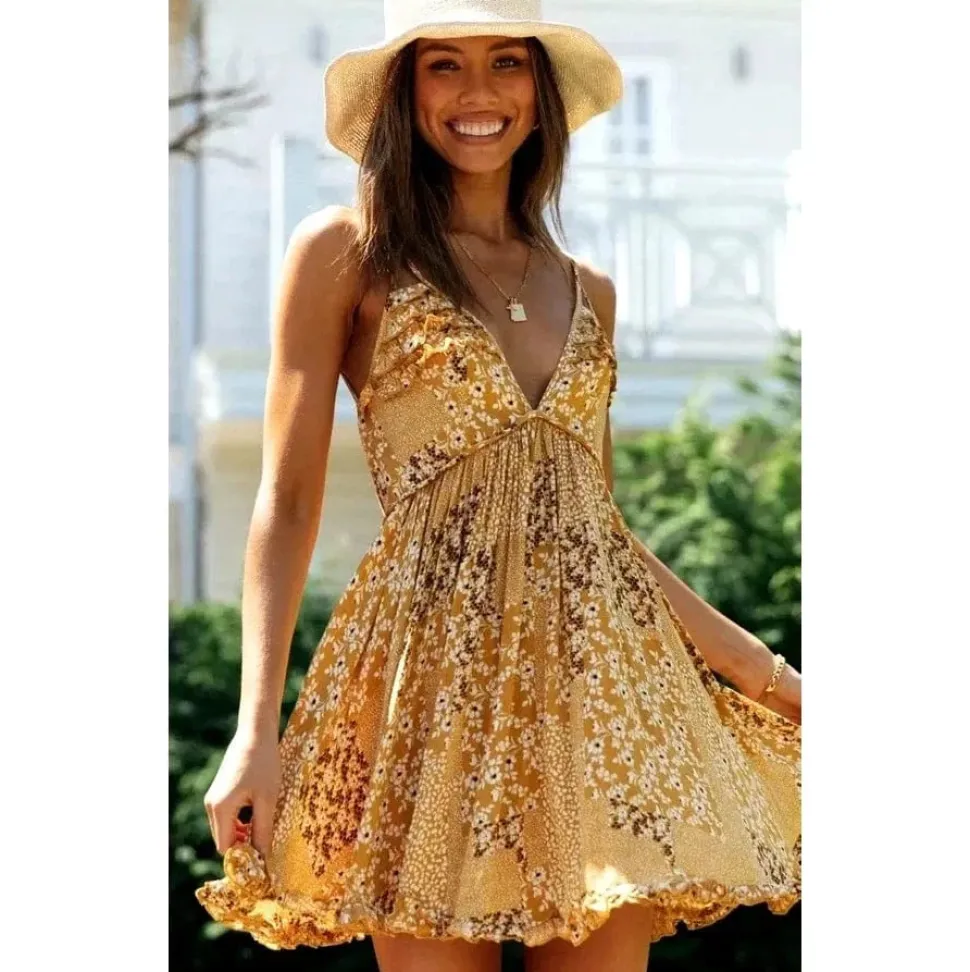 Robe été jaune courte dos nu