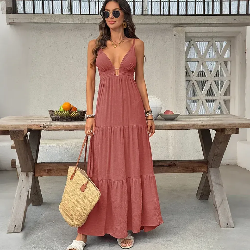 Robe été longue bohème teinte marron rosé