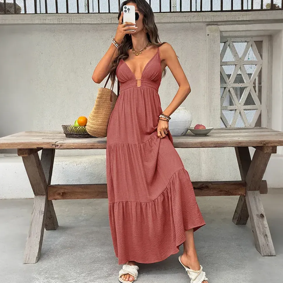 Robe été longue bohème teinte marron rosé