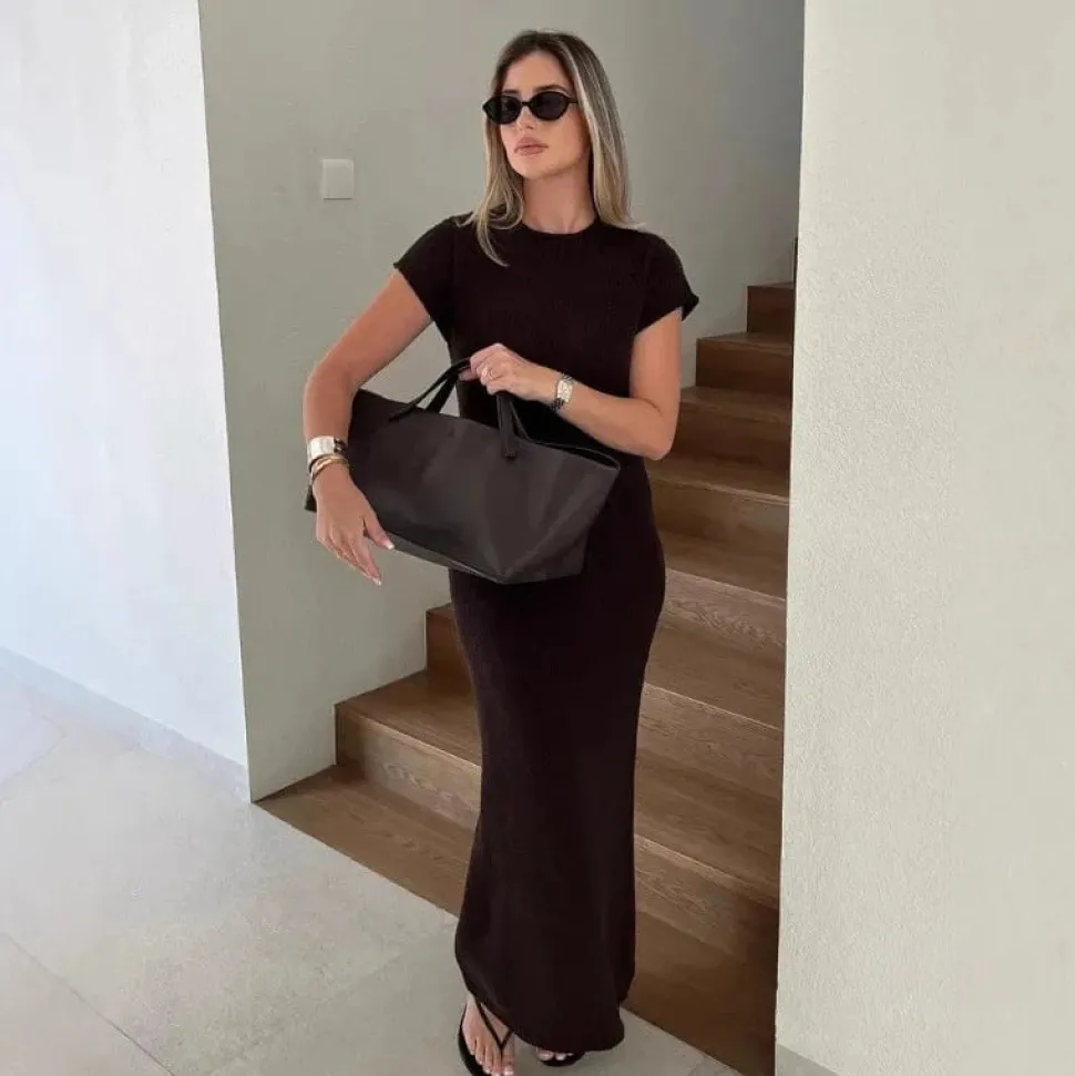 Robe été longue en maille col rond manches courtes