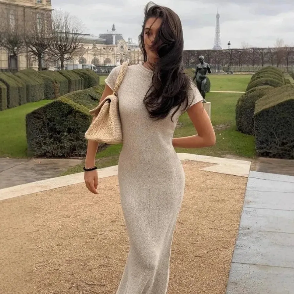 Robe été longue en maille col rond manches courtes